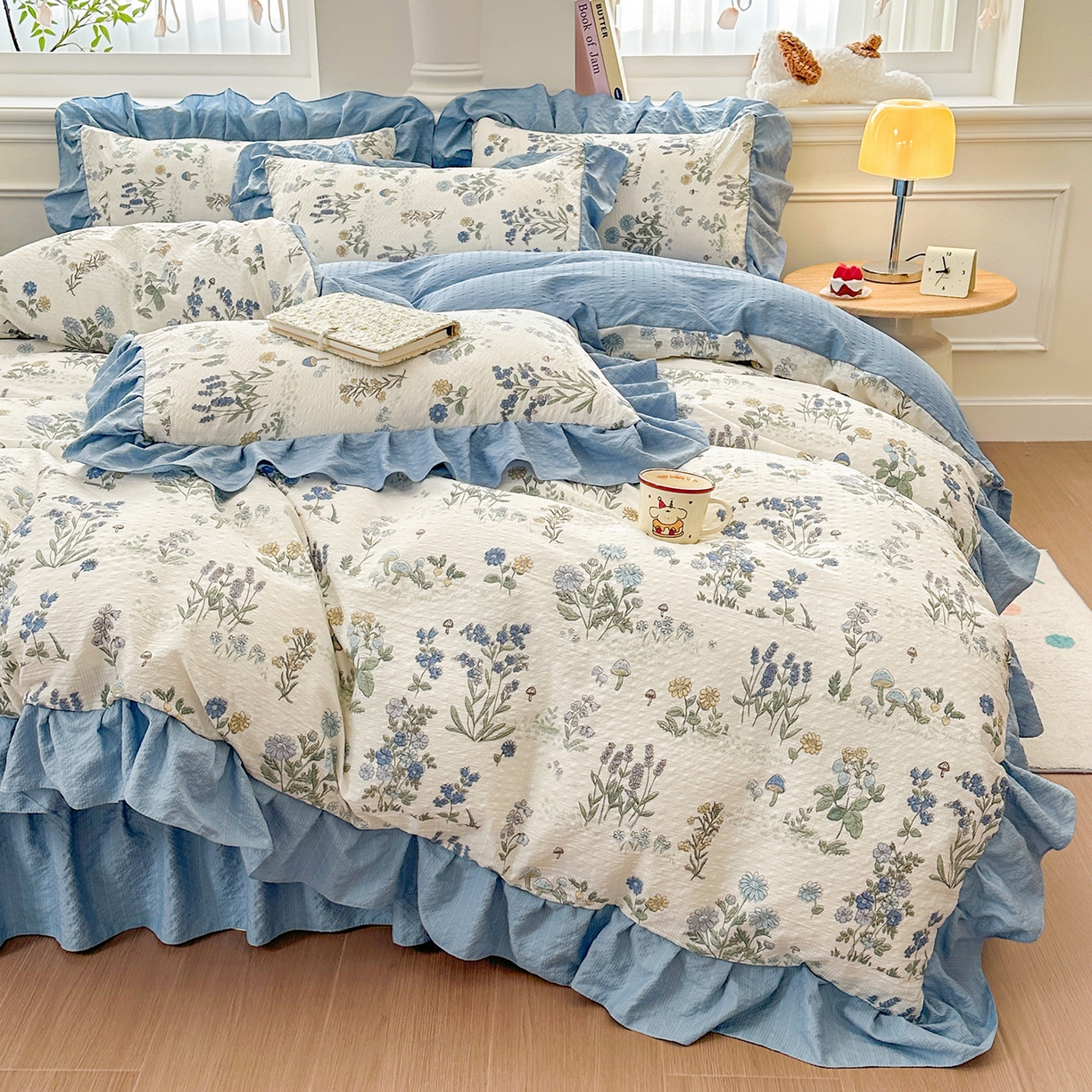 91家纺网 家纺一手货源 找家纺 安哆啦家纺 2026新款糯叽叽泡泡棉韩式花边床盖四件套 泡泡棉-花语秘境