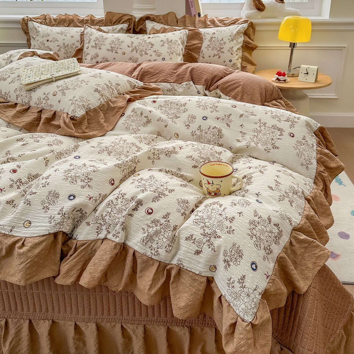 安哆啦家纺 2026新款糯叽叽泡泡棉韩式花边床盖四件套 泡泡棉-焦糖玛奇朵