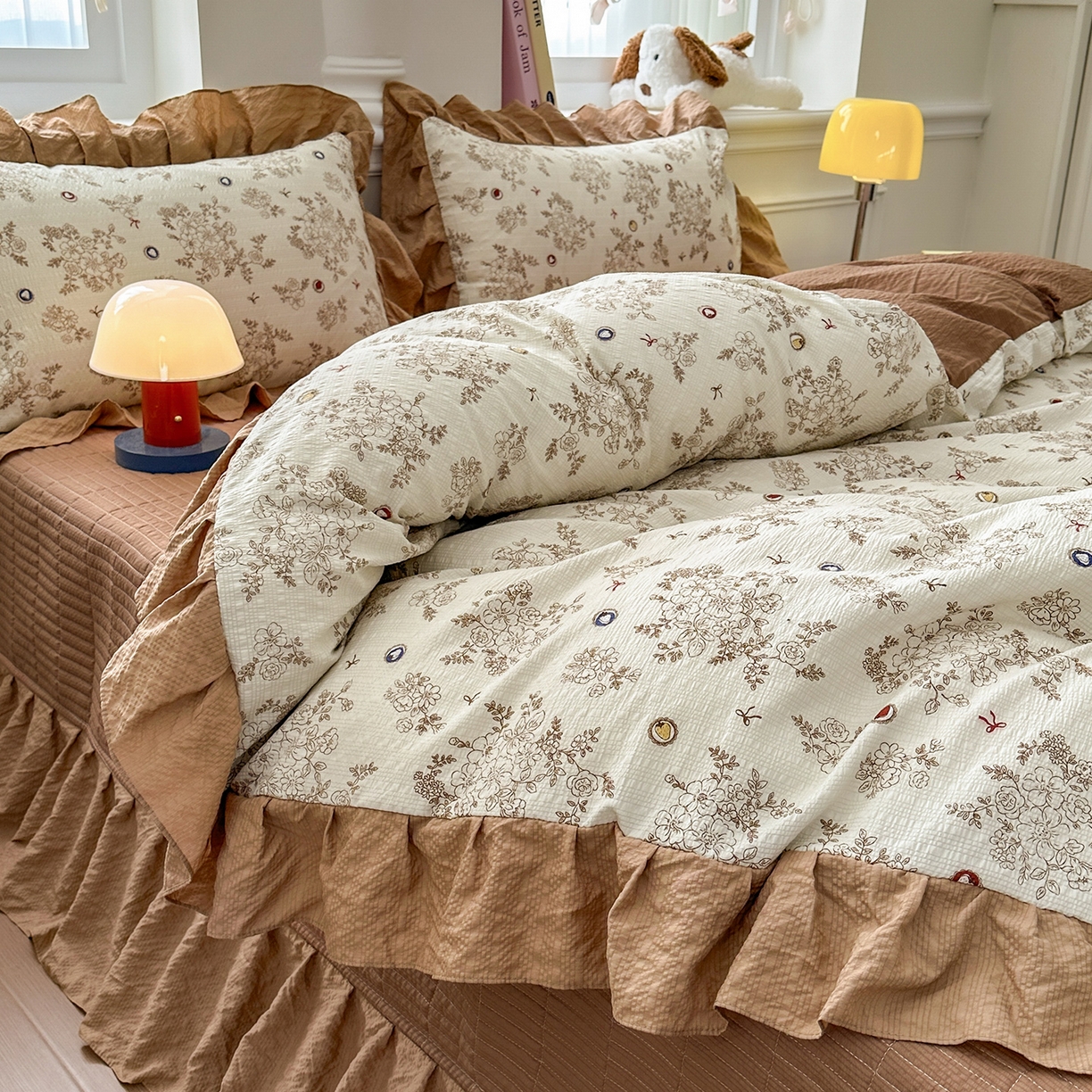 91家纺网 家纺一手货源 找家纺 安哆啦家纺 2026新款糯叽叽泡泡棉韩式花边床盖四件套 泡泡棉-焦糖玛奇朵