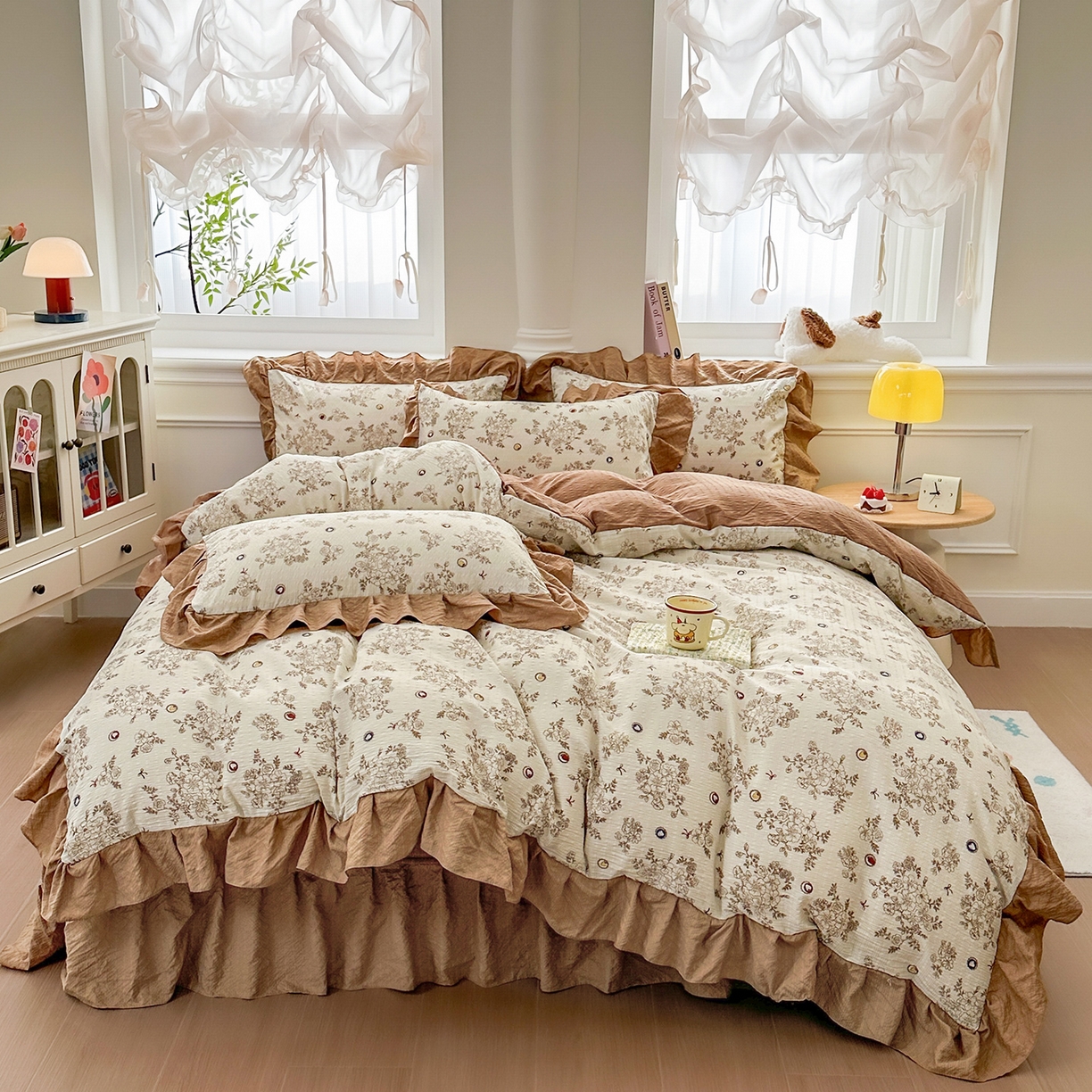 91家纺网 家纺一手货源 找家纺 安哆啦家纺 2026新款糯叽叽泡泡棉韩式花边床盖四件套 泡泡棉-焦糖玛奇朵