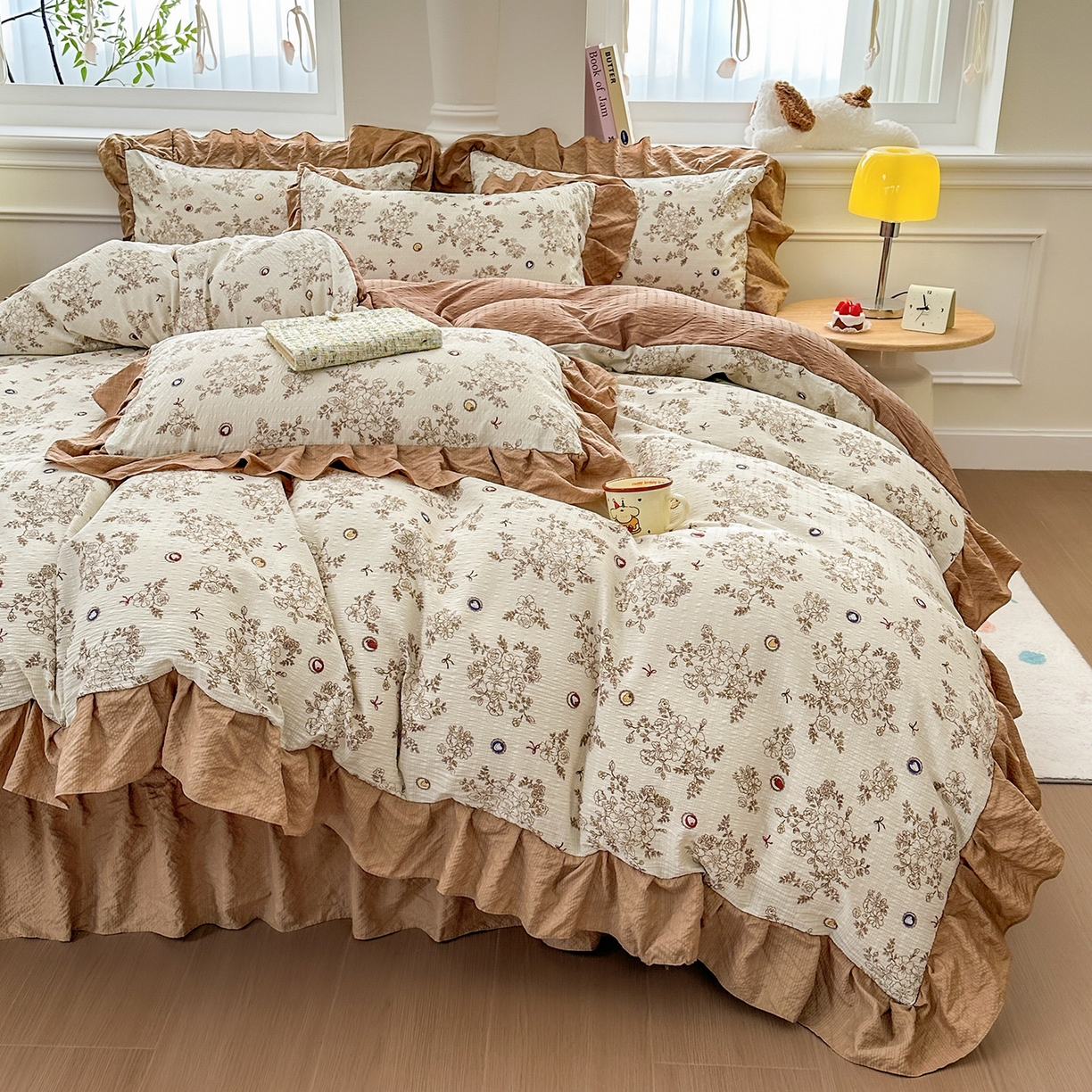 91家纺网 家纺一手货源 找家纺 安哆啦家纺 2026新款糯叽叽泡泡棉韩式花边床盖四件套 泡泡棉-焦糖玛奇朵