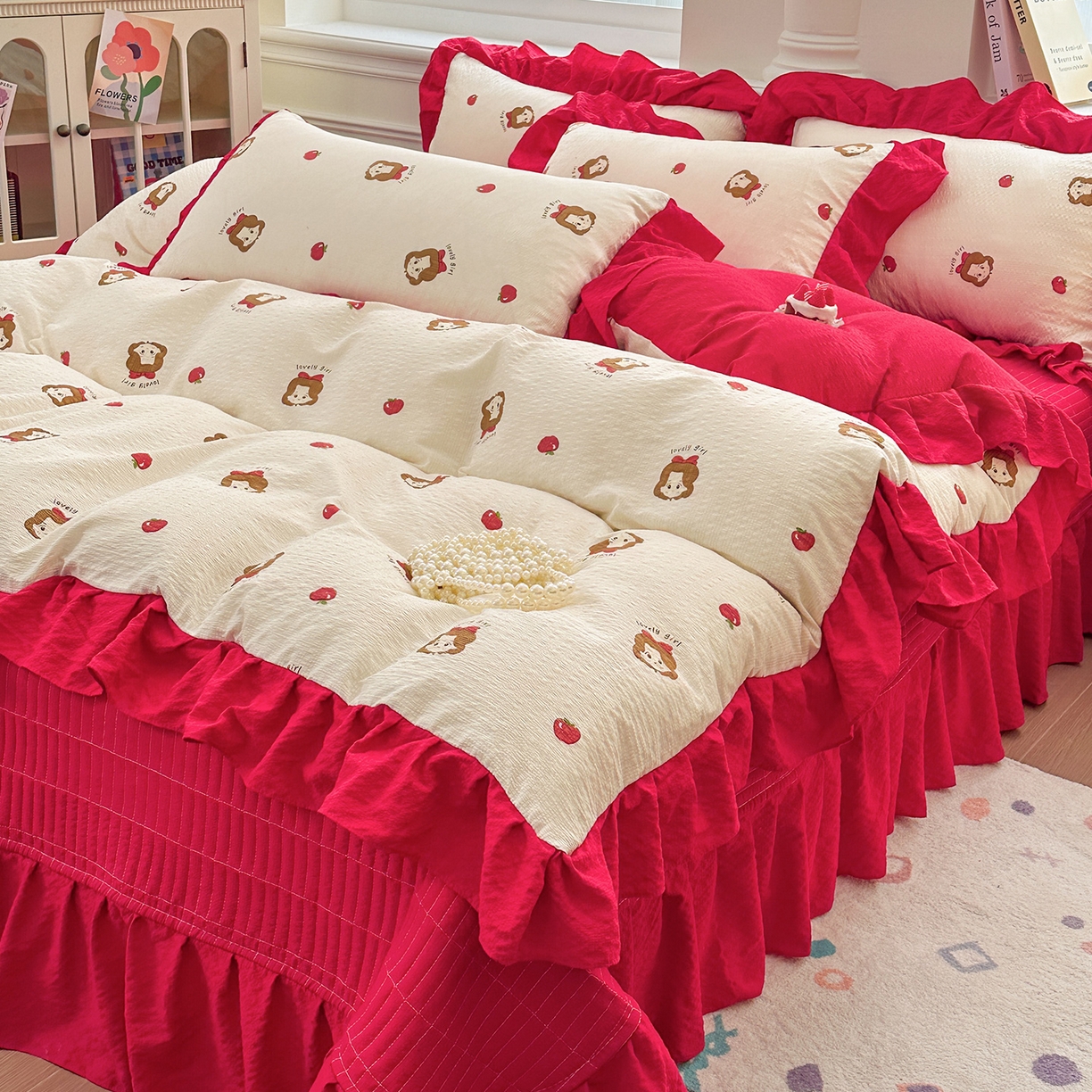 91家纺网 家纺一手货源 找家纺 安哆啦家纺 2026新款糯叽叽泡泡棉韩式花边床盖四件套 泡泡棉-可爱女孩