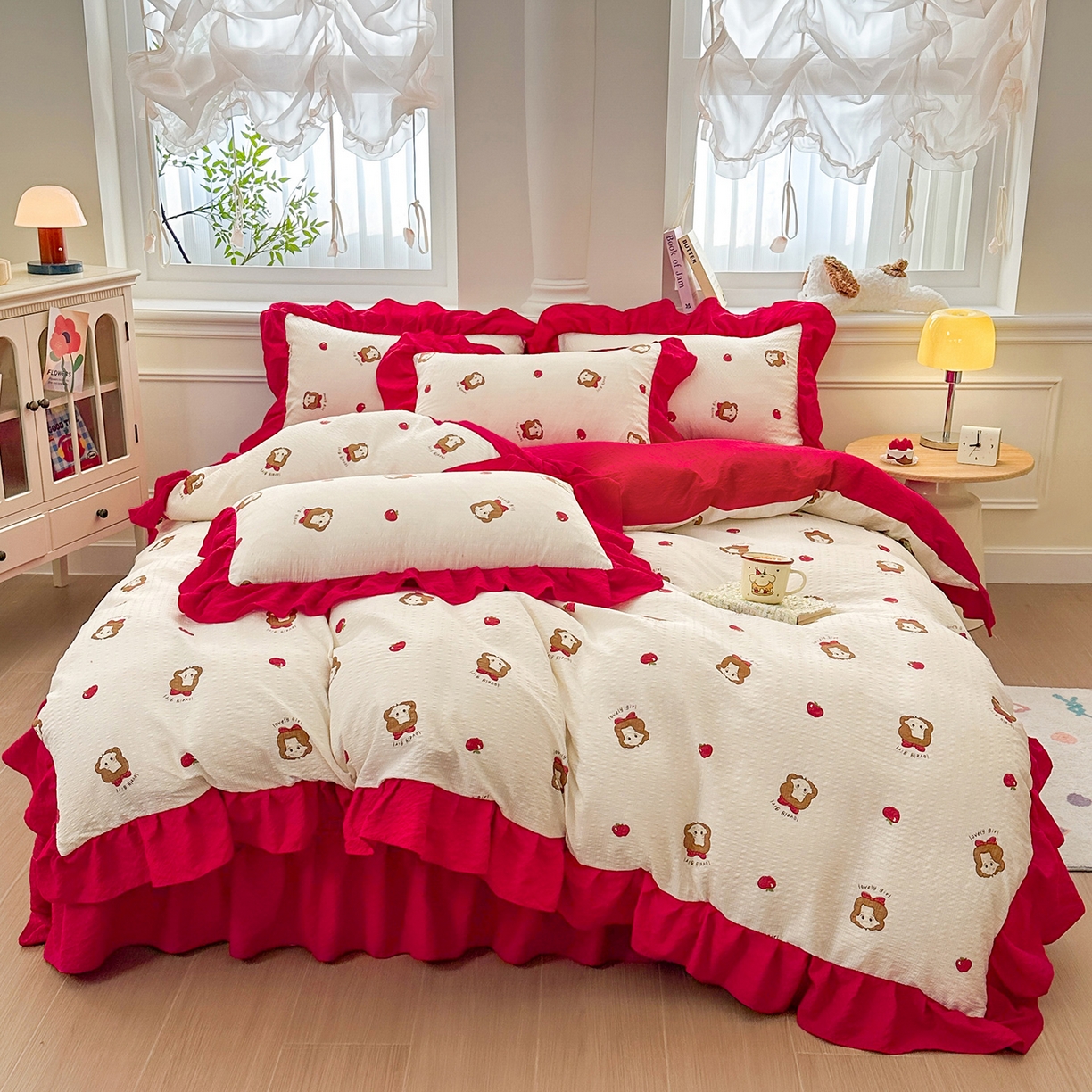 91家纺网 家纺一手货源 找家纺 安哆啦家纺 2026新款糯叽叽泡泡棉韩式花边床盖四件套 泡泡棉-可爱女孩