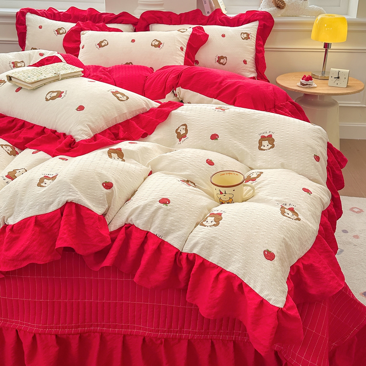 安哆啦家纺 2026新款糯叽叽泡泡棉韩式花边床盖四件套 泡泡棉-可爱女孩