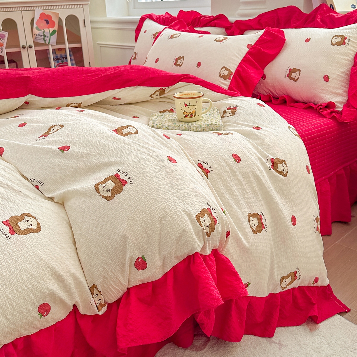 91家纺网 家纺一手货源 找家纺 安哆啦家纺 2026新款糯叽叽泡泡棉韩式花边床盖四件套 泡泡棉-可爱女孩