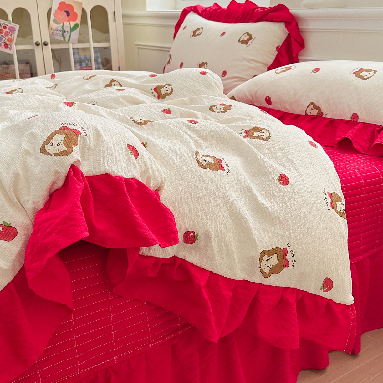 91家纺网 家纺一手货源 找家纺 安哆啦家纺 2026新款糯叽叽泡泡棉韩式花边床盖四件套 泡泡棉-可爱女孩