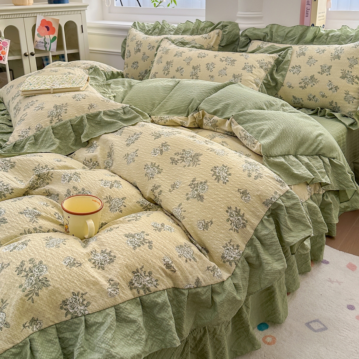 91家纺网 家纺一手货源 找家纺 安哆啦家纺 2026新款糯叽叽泡泡棉韩式花边床盖四件套 泡泡棉-绿意盎然