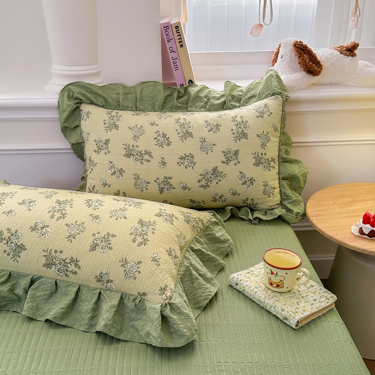 91家纺网 家纺一手货源 找家纺 安哆啦家纺 2026新款糯叽叽泡泡棉韩式花边床盖四件套 泡泡棉-绿意盎然