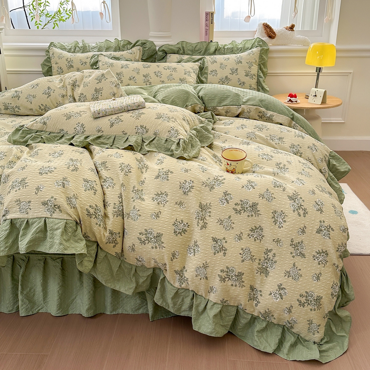 91家纺网 家纺一手货源 找家纺 安哆啦家纺 2026新款糯叽叽泡泡棉韩式花边床盖四件套 泡泡棉-绿意盎然