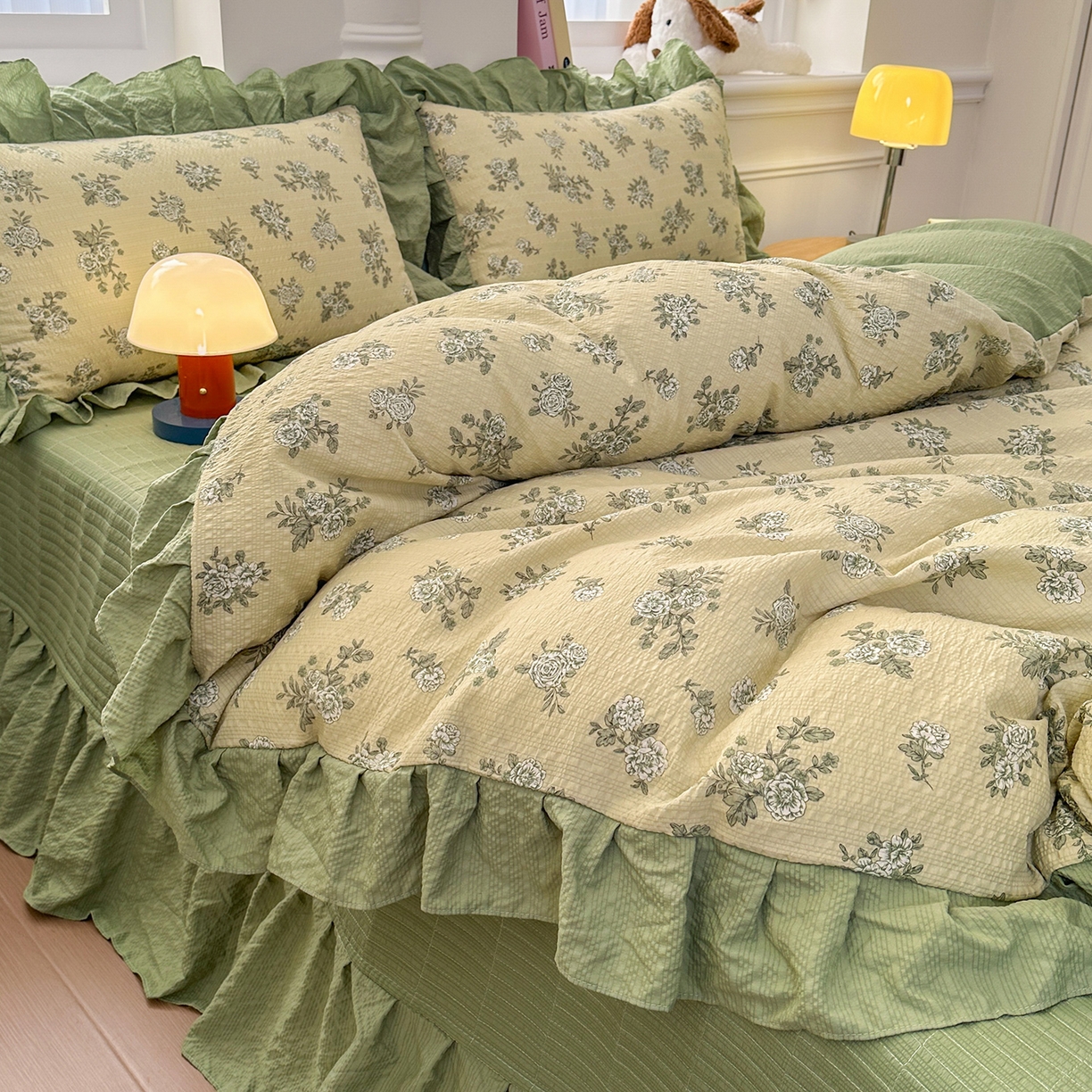 91家纺网 家纺一手货源 找家纺 安哆啦家纺 2026新款糯叽叽泡泡棉韩式花边床盖四件套 泡泡棉-绿意盎然