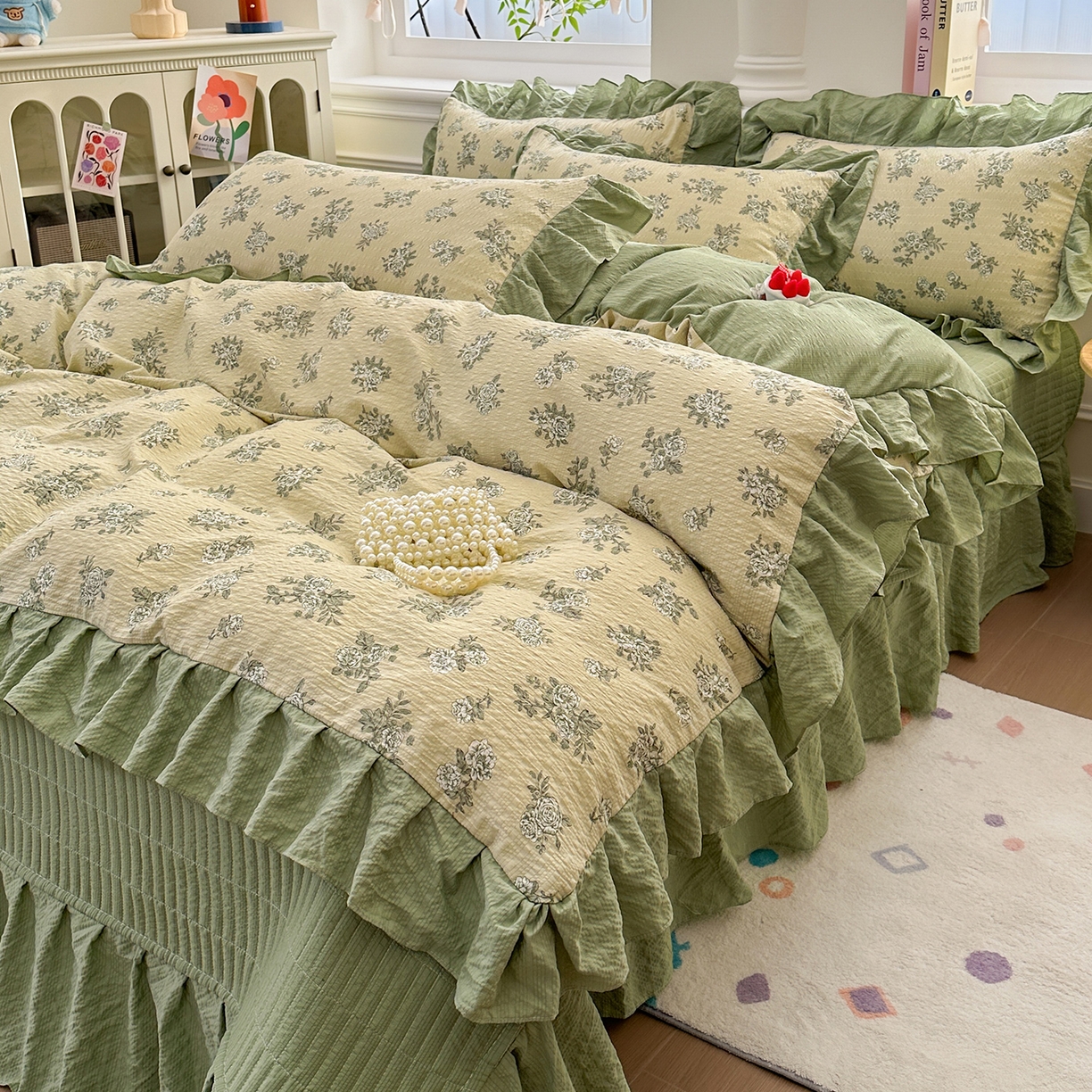 91家纺网 家纺一手货源 找家纺 安哆啦家纺 2026新款糯叽叽泡泡棉韩式花边床盖四件套 泡泡棉-绿意盎然