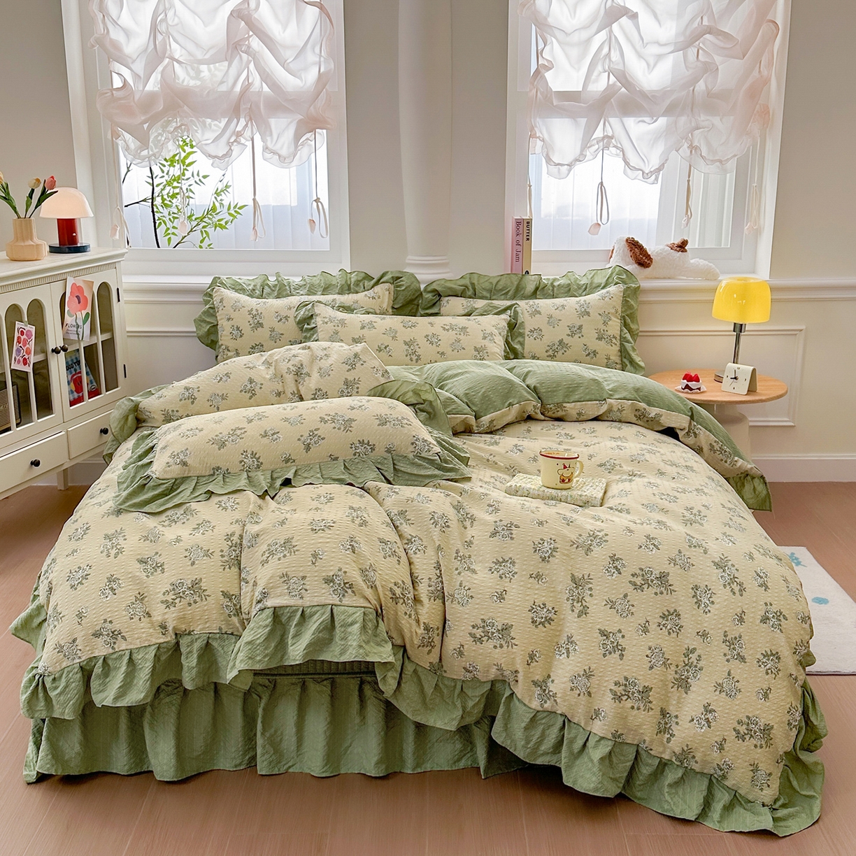 91家纺网 家纺一手货源 找家纺 安哆啦家纺 2026新款糯叽叽泡泡棉韩式花边床盖四件套 泡泡棉-绿意盎然