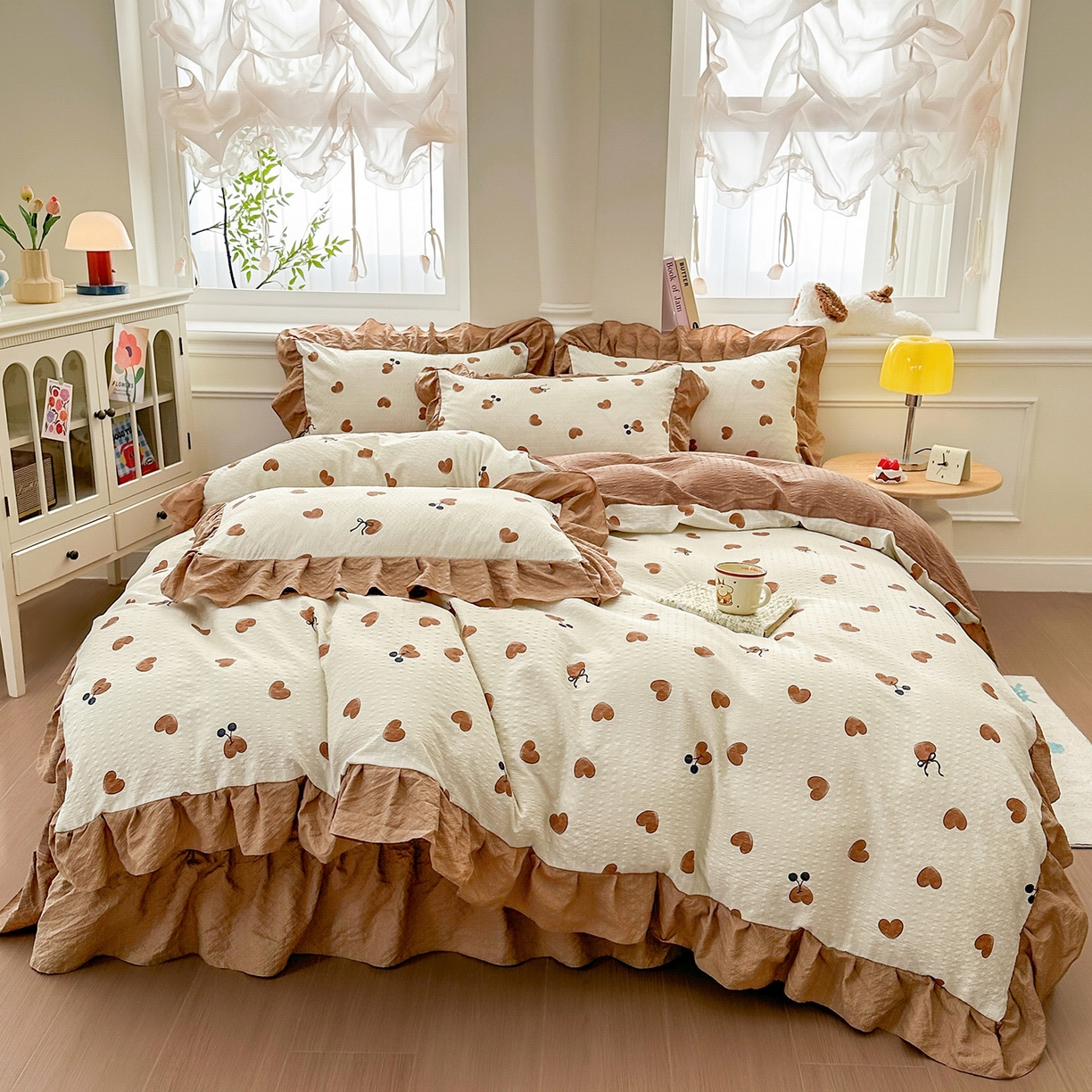 91家纺网 家纺一手货源 找家纺 安哆啦家纺 2026新款糯叽叽泡泡棉韩式花边床盖四件套 泡泡棉-奶咖小桃心