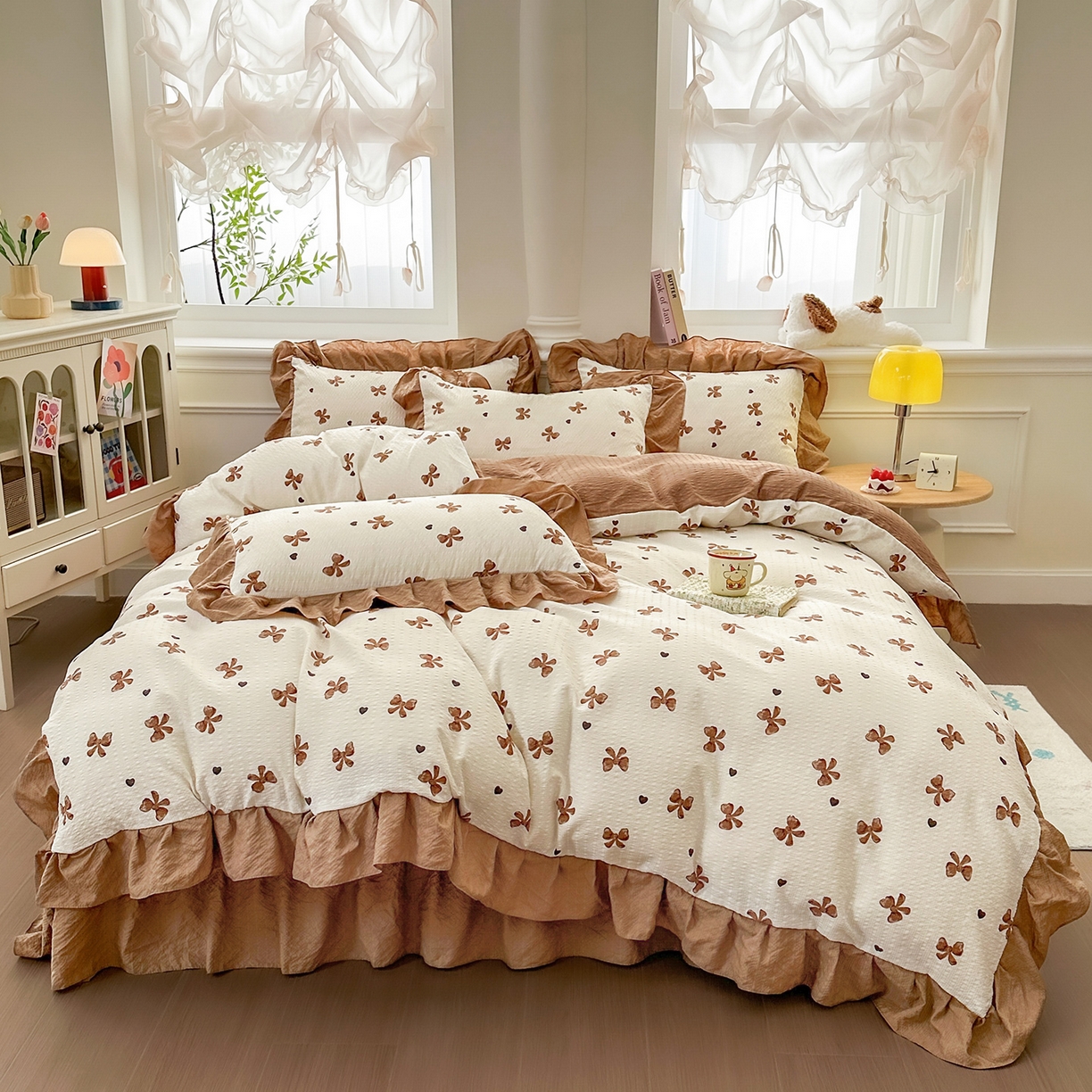 91家纺网 家纺一手货源 找家纺 安哆啦家纺 2026新款糯叽叽泡泡棉韩式花边床盖四件套 泡泡棉-暖棕蝶梦