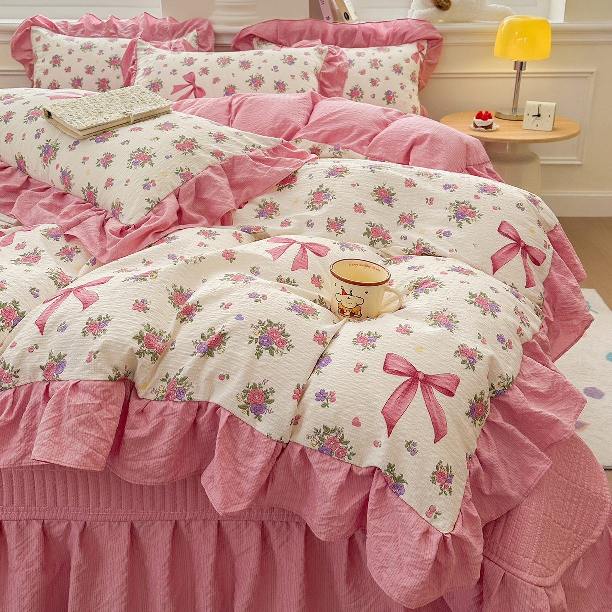安哆啦家纺 2026新款糯叽叽泡泡棉韩式花边床盖四件套 泡泡棉-甜莓蝴蝶结