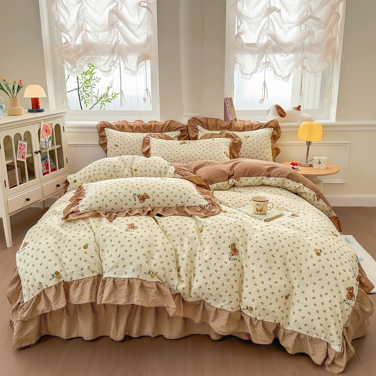 91家纺网 家纺一手货源 找家纺 安哆啦家纺 2026新款糯叽叽泡泡棉韩式花边床盖四件套 泡泡棉-小熊花町