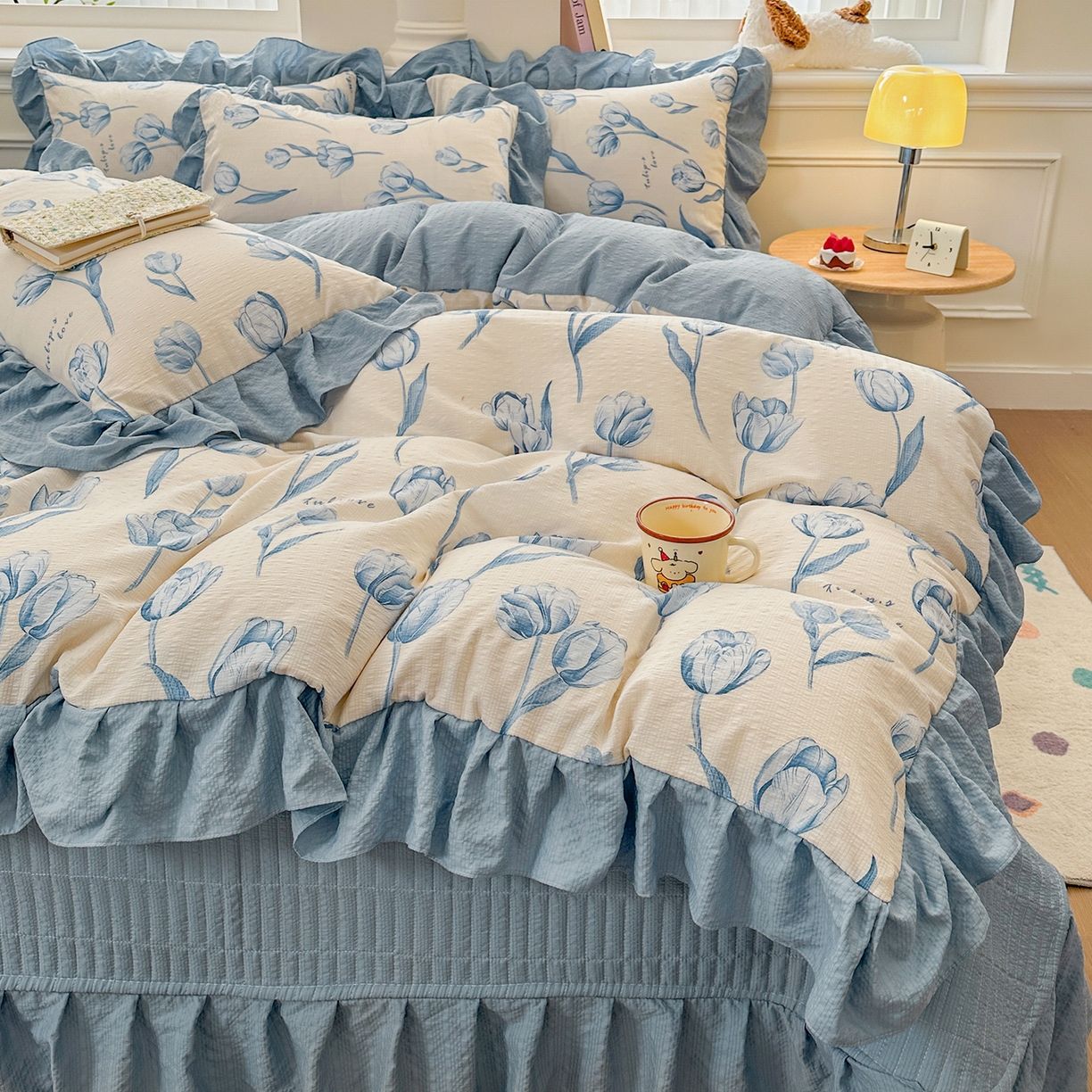 安哆啦家纺 2026新款糯叽叽泡泡棉韩式花边床盖四件套 泡泡棉-郁金香