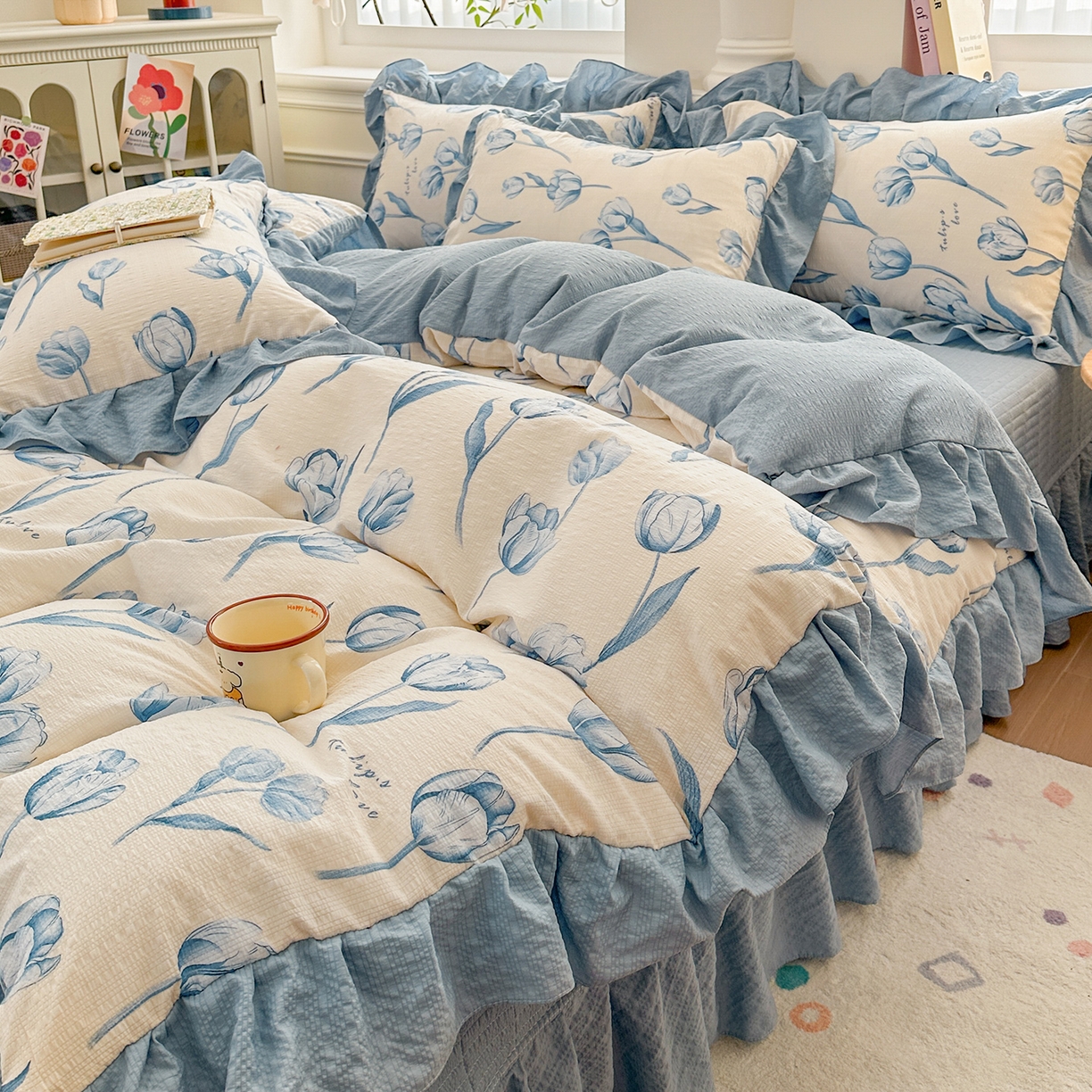 91家纺网 家纺一手货源 找家纺 安哆啦家纺 2026新款糯叽叽泡泡棉韩式花边床盖四件套 泡泡棉-郁金香