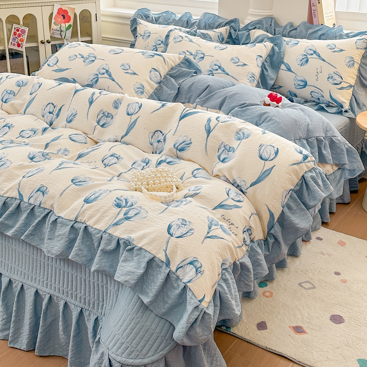 91家纺网 家纺一手货源 找家纺 安哆啦家纺 2026新款糯叽叽泡泡棉韩式花边床盖四件套 泡泡棉-郁金香