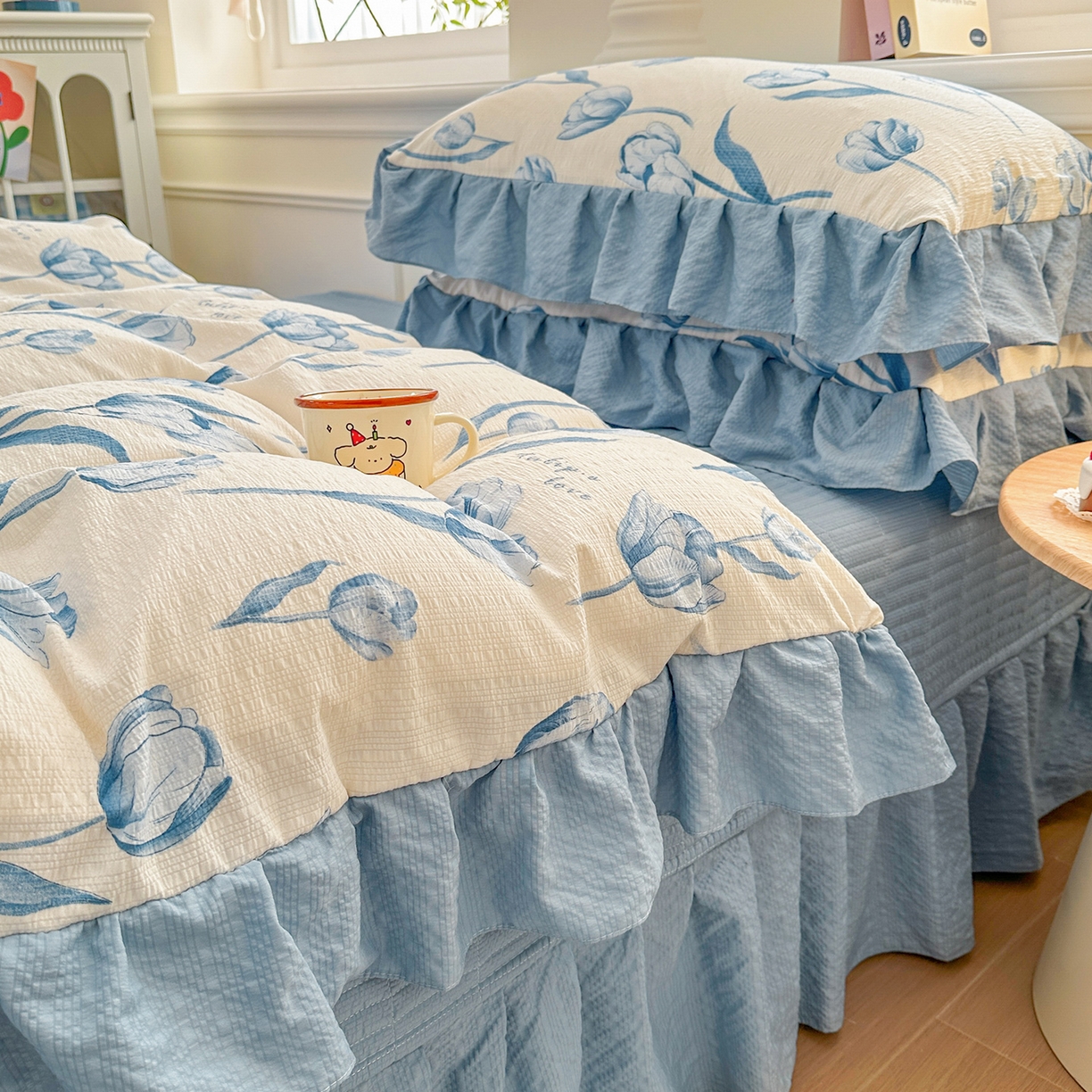 91家纺网 家纺一手货源 找家纺 安哆啦家纺 2026新款糯叽叽泡泡棉韩式花边床盖四件套 泡泡棉-郁金香