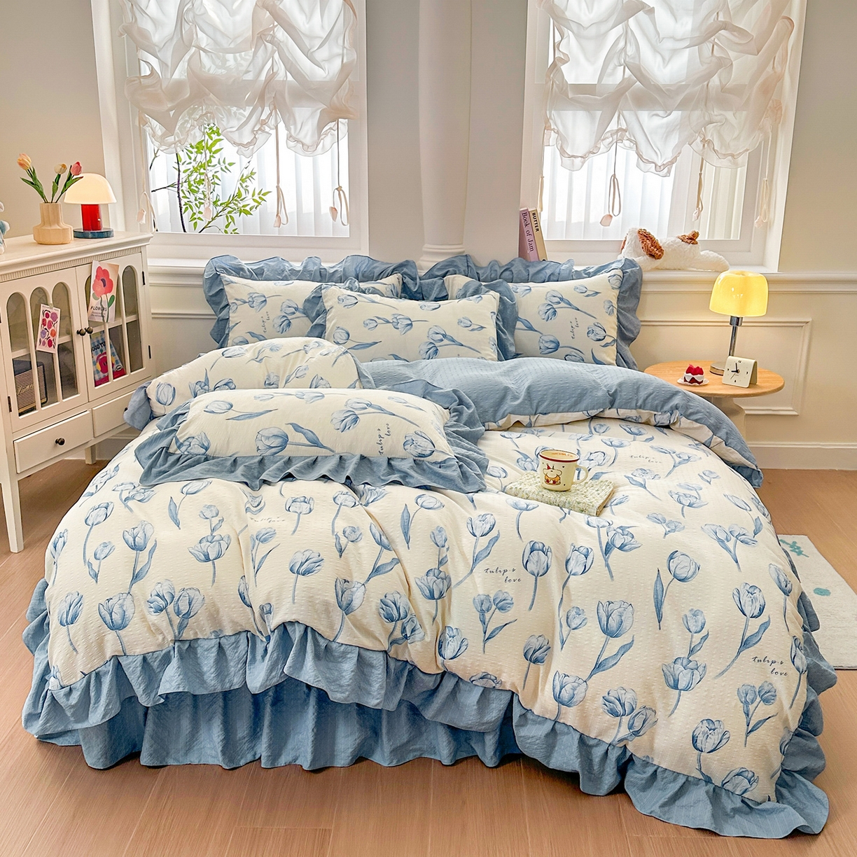 91家纺网 家纺一手货源 找家纺 安哆啦家纺 2026新款糯叽叽泡泡棉韩式花边床盖四件套 泡泡棉-郁金香