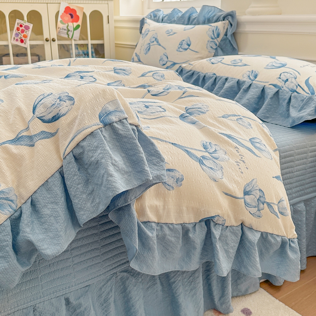 91家纺网 家纺一手货源 找家纺 安哆啦家纺 2026新款糯叽叽泡泡棉韩式花边床盖四件套 泡泡棉-郁金香