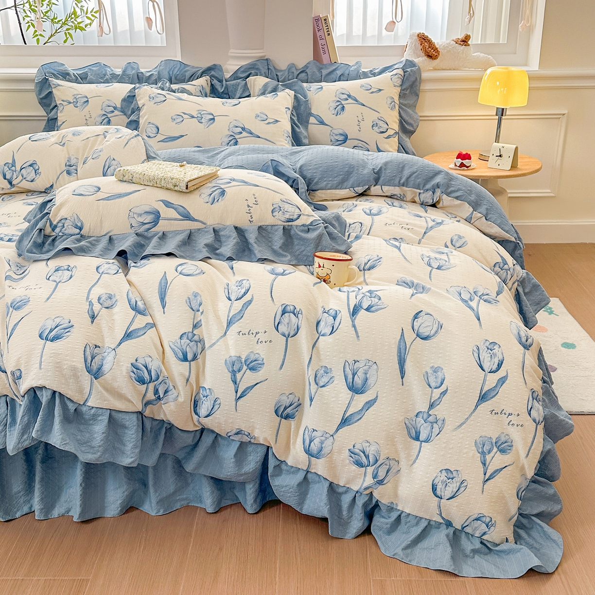 91家纺网 家纺一手货源 找家纺 安哆啦家纺 2026新款糯叽叽泡泡棉韩式花边床盖四件套 泡泡棉-郁金香