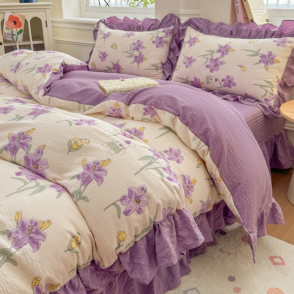 91家纺网 家纺一手货源 找家纺 安哆啦家纺 2026新款糯叽叽泡泡棉韩式花边床盖四件套 泡泡棉-紫百合