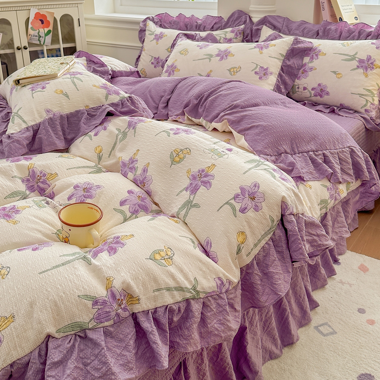 91家纺网 家纺一手货源 找家纺 安哆啦家纺 2026新款糯叽叽泡泡棉韩式花边床盖四件套 泡泡棉-紫百合