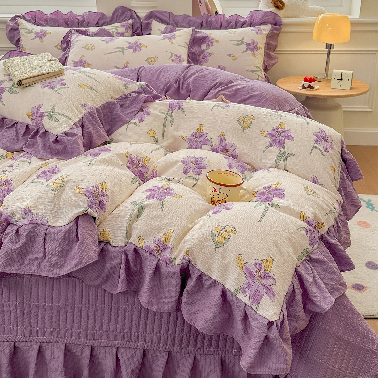安哆啦家纺 2026新款糯叽叽泡泡棉韩式花边床盖四件套 泡泡棉-紫百合