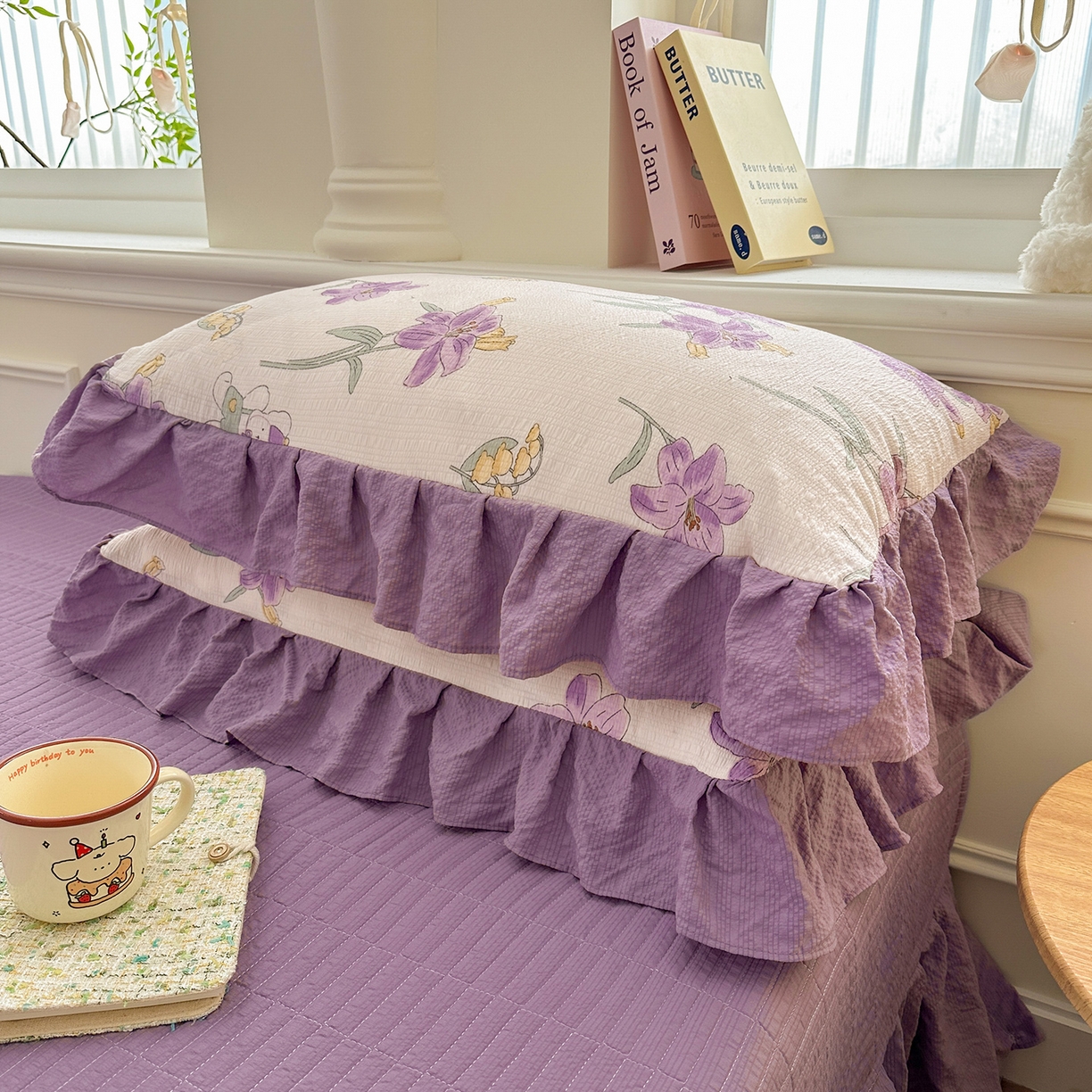 91家纺网 家纺一手货源 找家纺 安哆啦家纺 2026新款糯叽叽泡泡棉韩式花边床盖四件套 泡泡棉-紫百合