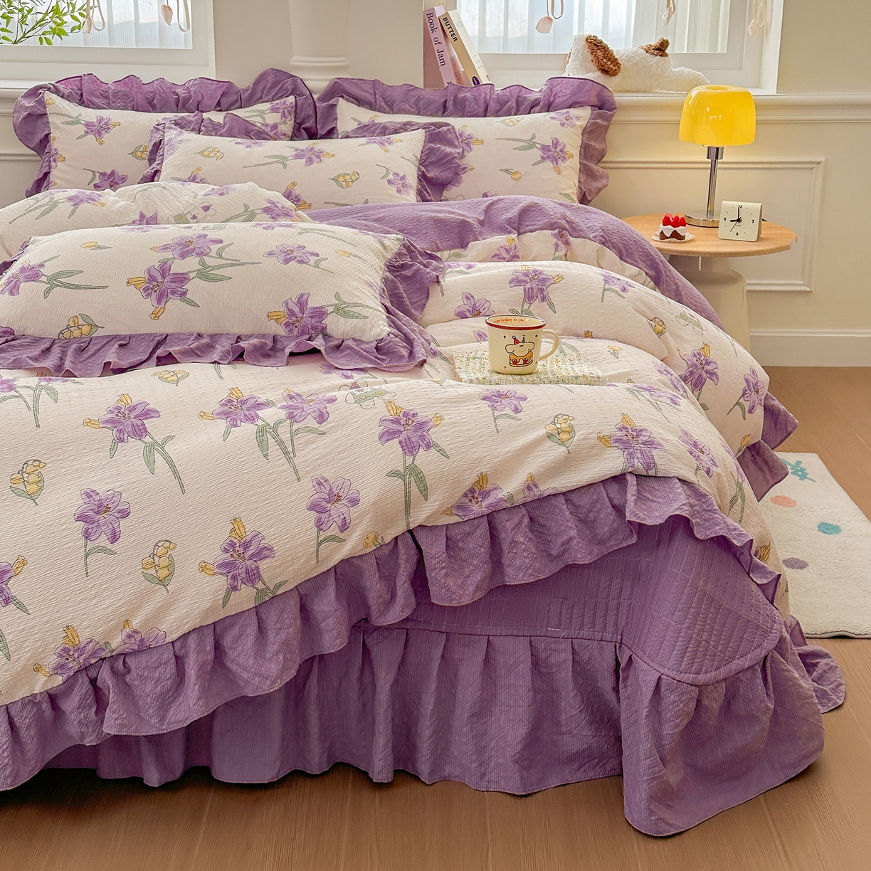 91家纺网 家纺一手货源 找家纺 安哆啦家纺 2026新款糯叽叽泡泡棉韩式花边床盖四件套 泡泡棉-紫百合