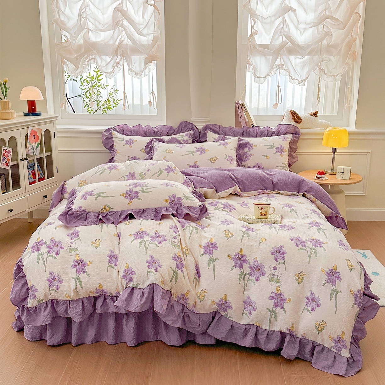 91家纺网 家纺一手货源 找家纺 安哆啦家纺 2026新款糯叽叽泡泡棉韩式花边床盖四件套 泡泡棉-紫百合