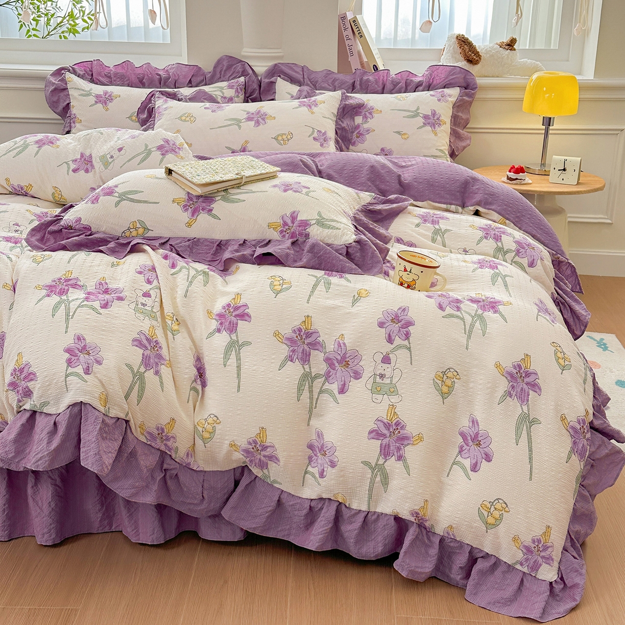 91家纺网 家纺一手货源 找家纺 安哆啦家纺 2026新款糯叽叽泡泡棉韩式花边床盖四件套 泡泡棉-紫百合