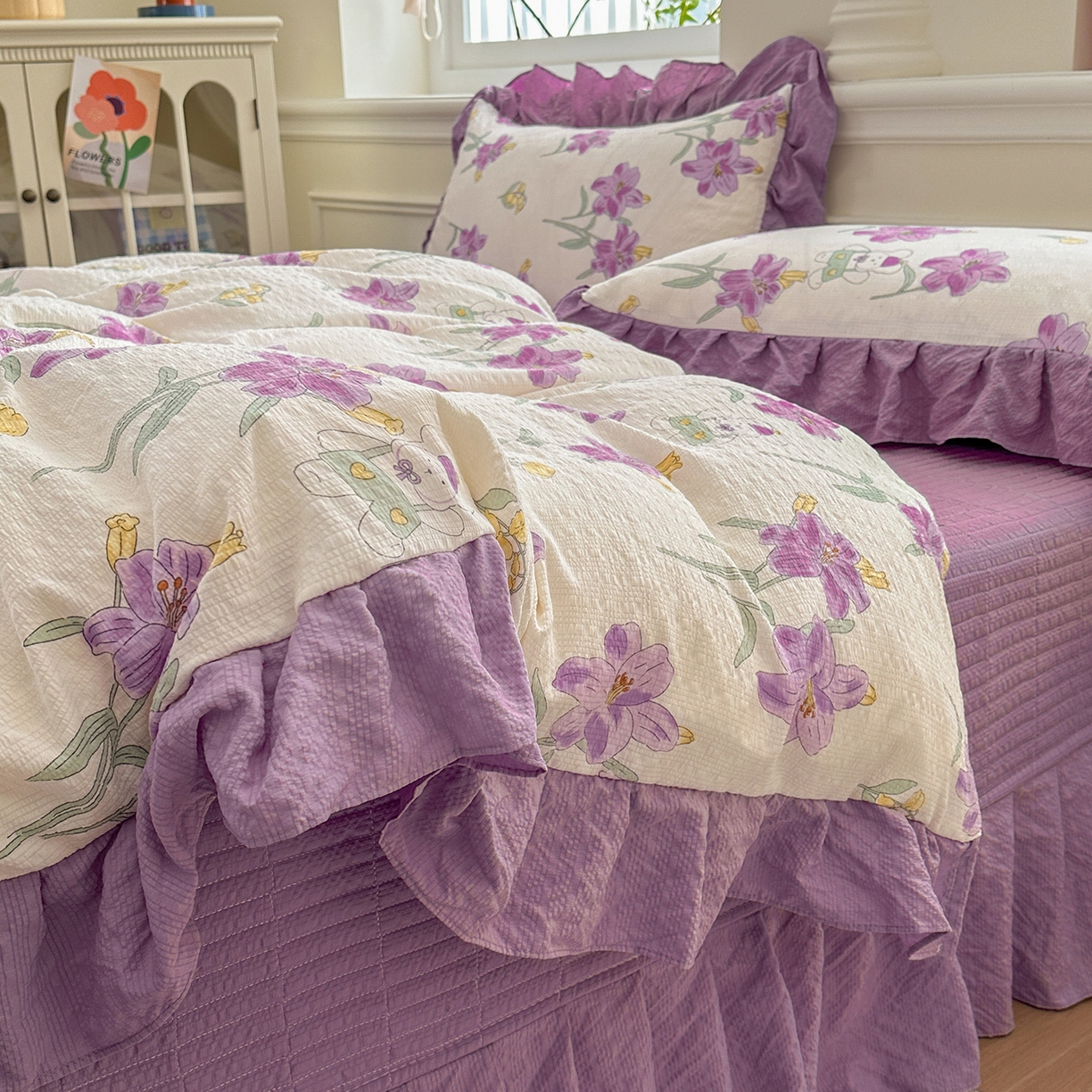 91家纺网 家纺一手货源 找家纺 安哆啦家纺 2026新款糯叽叽泡泡棉韩式花边床盖四件套 泡泡棉-紫百合