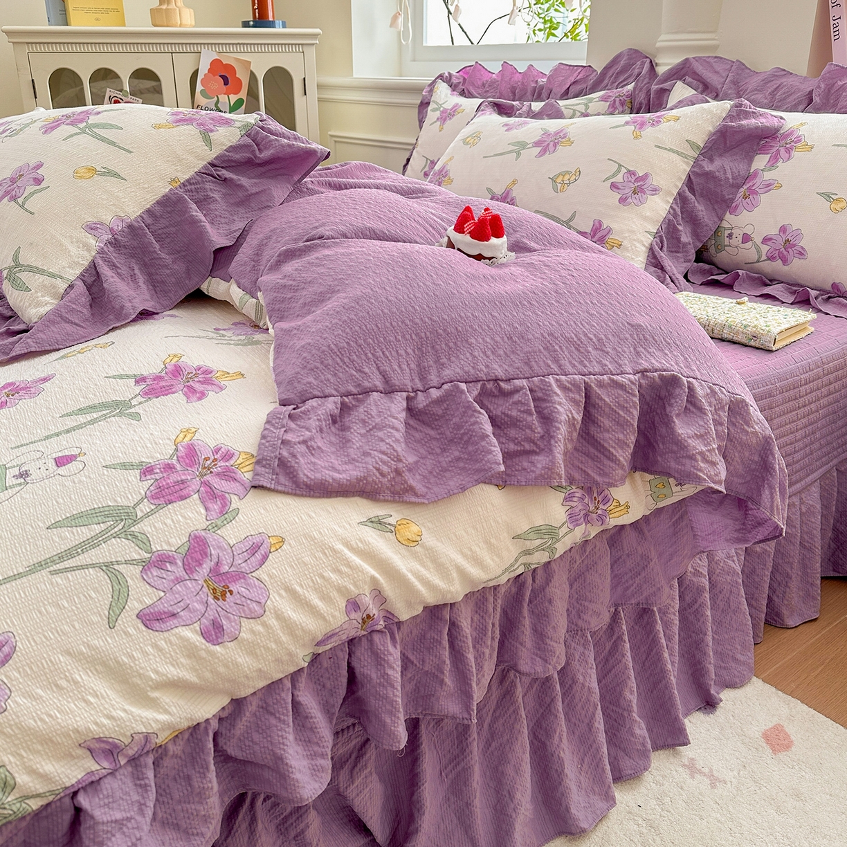 91家纺网 家纺一手货源 找家纺 安哆啦家纺 2026新款糯叽叽泡泡棉韩式花边床盖四件套 泡泡棉-紫百合