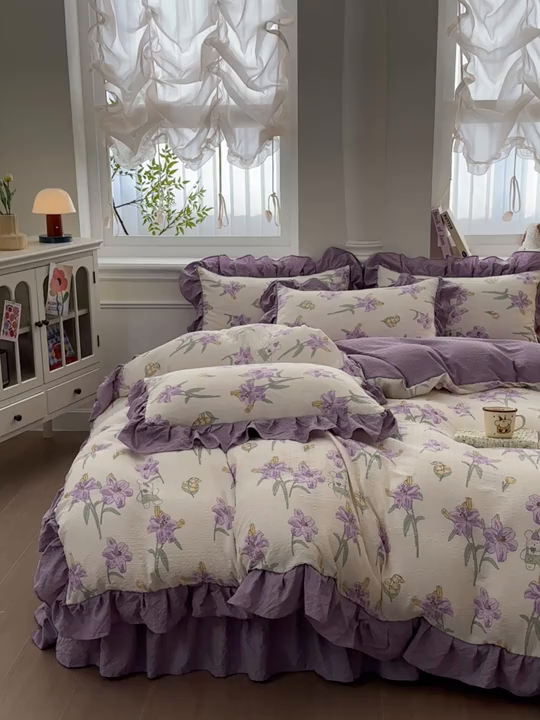 91家纺网 家纺一手货源 找家纺 安哆啦家纺 2026新款糯叽叽泡泡棉韩式花边床盖四件套 泡泡棉-紫百合