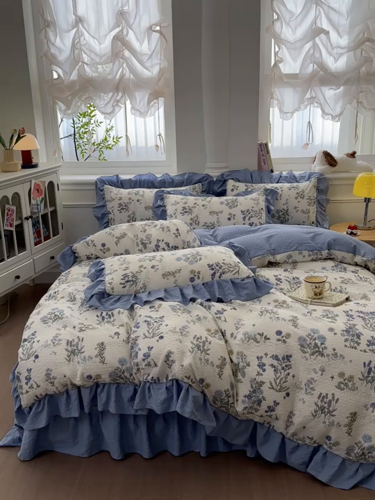 91家纺网 家纺一手货源 找家纺 安哆啦家纺 2026新款糯叽叽泡泡棉韩式花边床盖四件套 泡泡棉-花语秘境