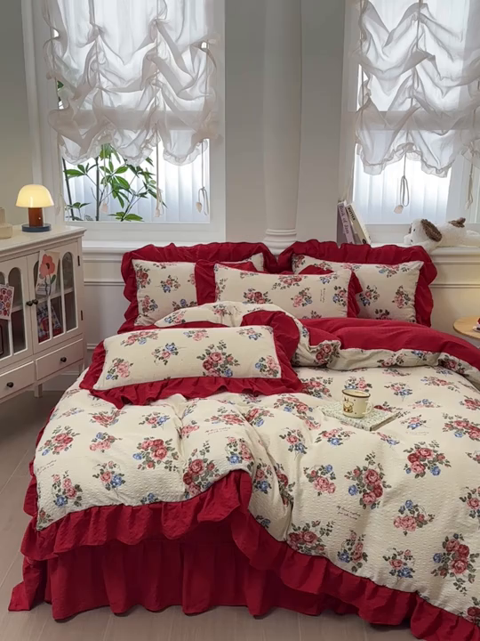 91家纺网 家纺一手货源 找家纺 安哆啦家纺 2026新款糯叽叽泡泡棉韩式花边床盖四件套 泡泡棉-安娜