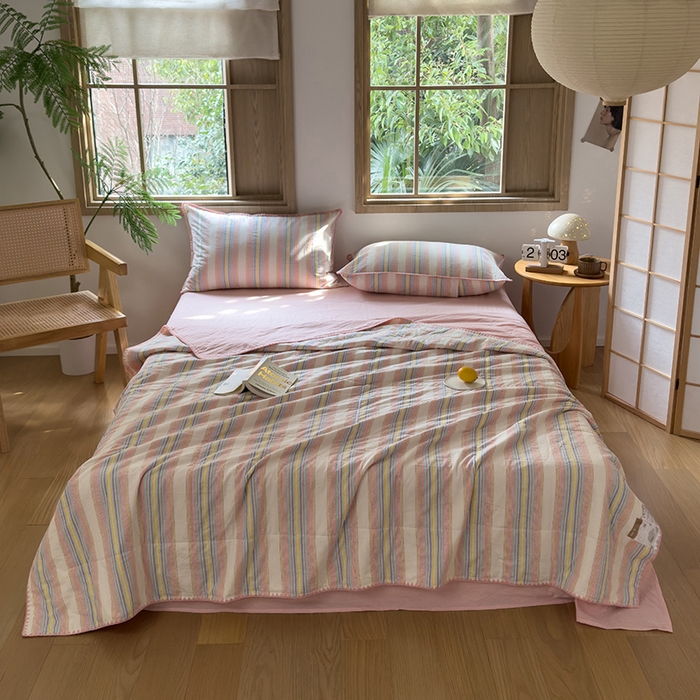 被窝家纺 2026新款全棉色织贝壳边新疆棉花夏被 塞纳-粉
