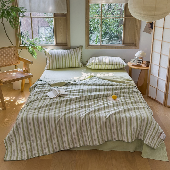 被窝家纺 2026新款全棉色织贝壳边新疆棉花夏被 左岸-绿