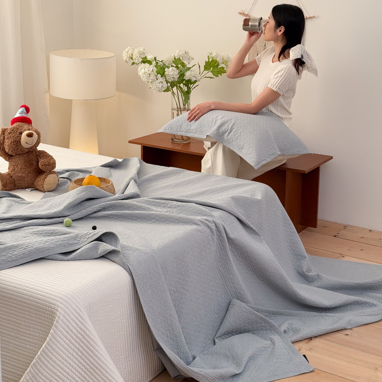 91家纺网 家纺一手货源 找家纺 沐瑟家纺 2026新款纯棉四层纱布枕巾-素格和米格 米格-浅蓝