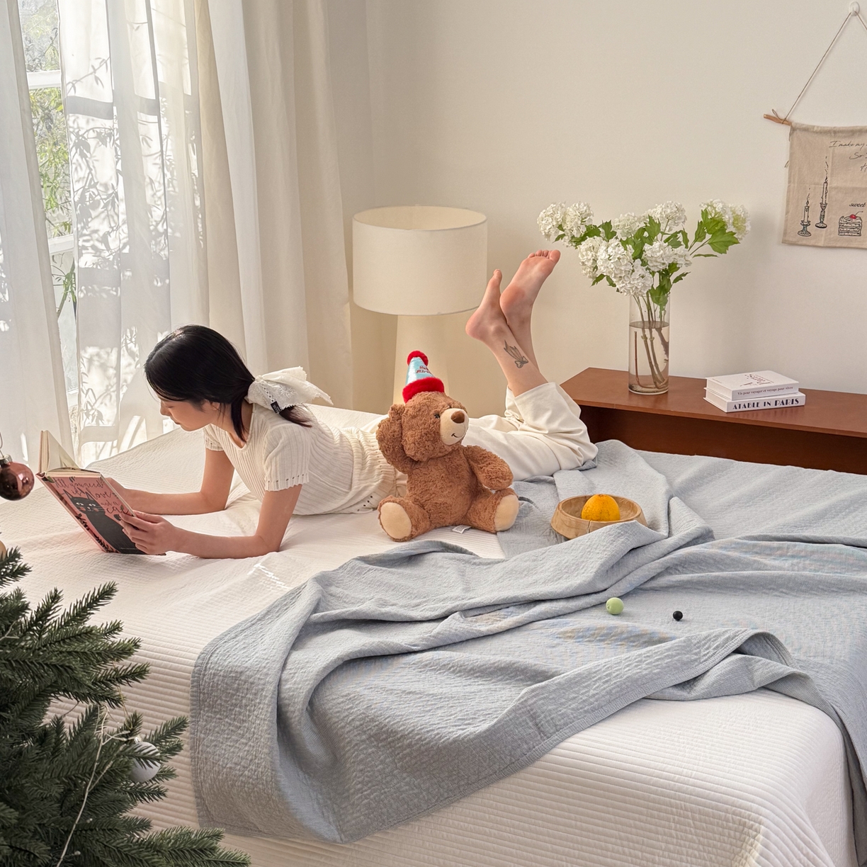 91家纺网 家纺一手货源 找家纺 沐瑟家纺 2026新款纯棉四层纱布枕巾-素格和米格 米格-浅蓝