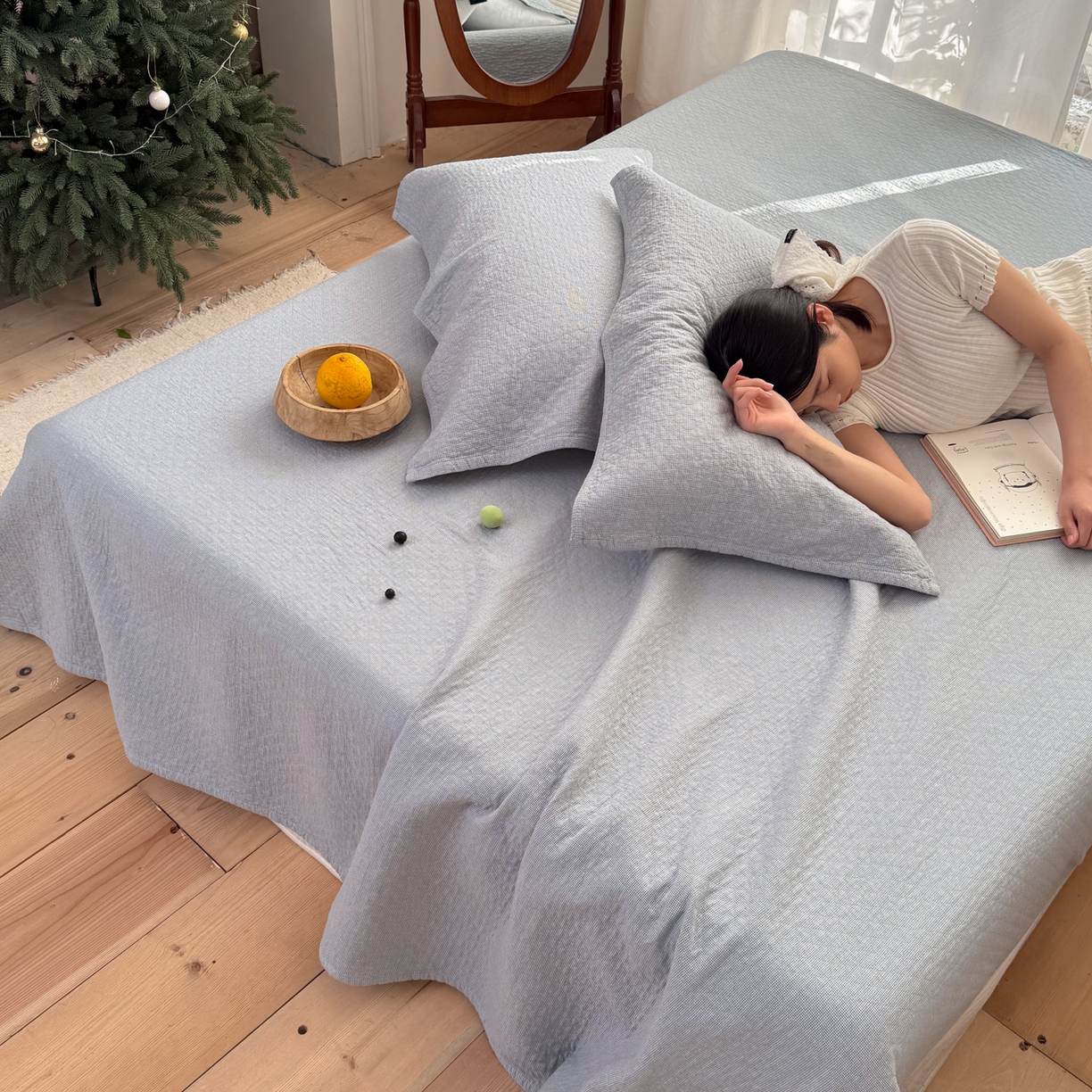 91家纺网 家纺一手货源 找家纺 沐瑟家纺 2026新款纯棉四层纱布枕巾-素格和米格 米格-浅蓝