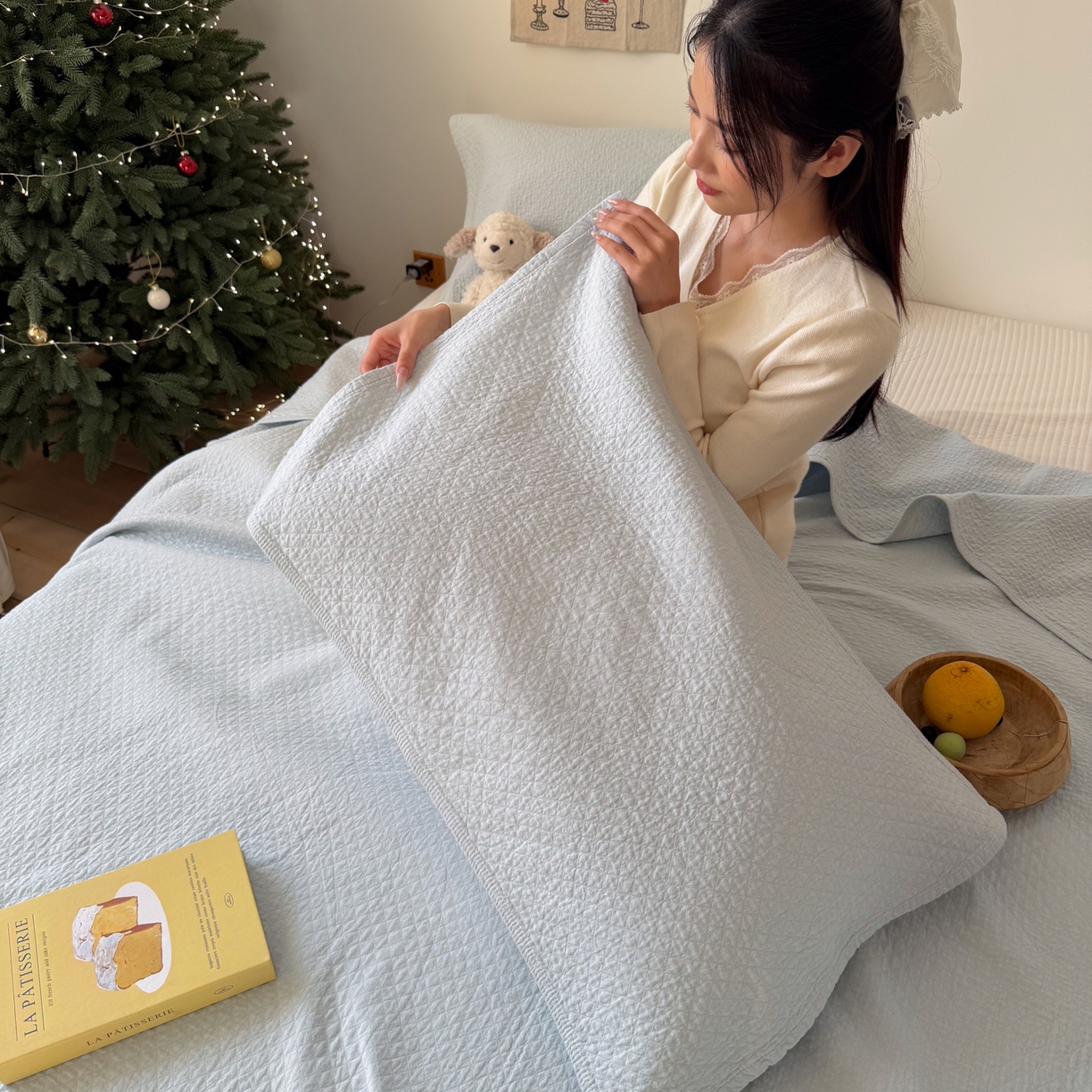 91家纺网 家纺一手货源 找家纺 沐瑟家纺 2026新款纯棉四层纱布枕巾-素格和米格 素格-浅蓝