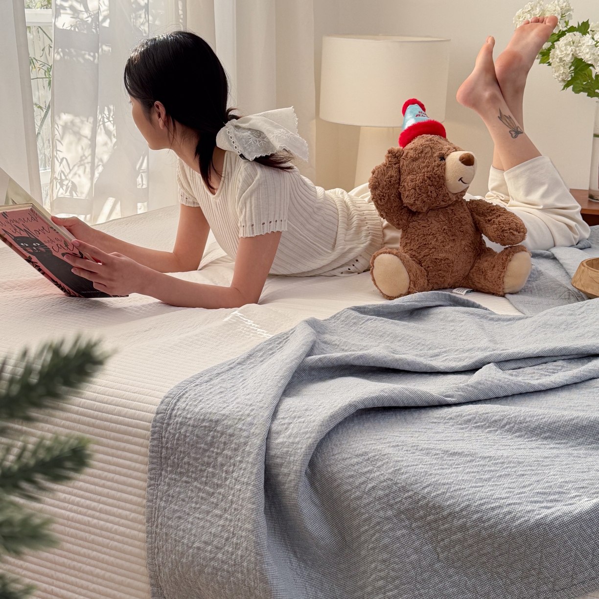 91家纺网 家纺一手货源 找家纺 沐瑟家纺 2026新款纯棉四层纱布枕巾-素格和米格 米格-浅蓝