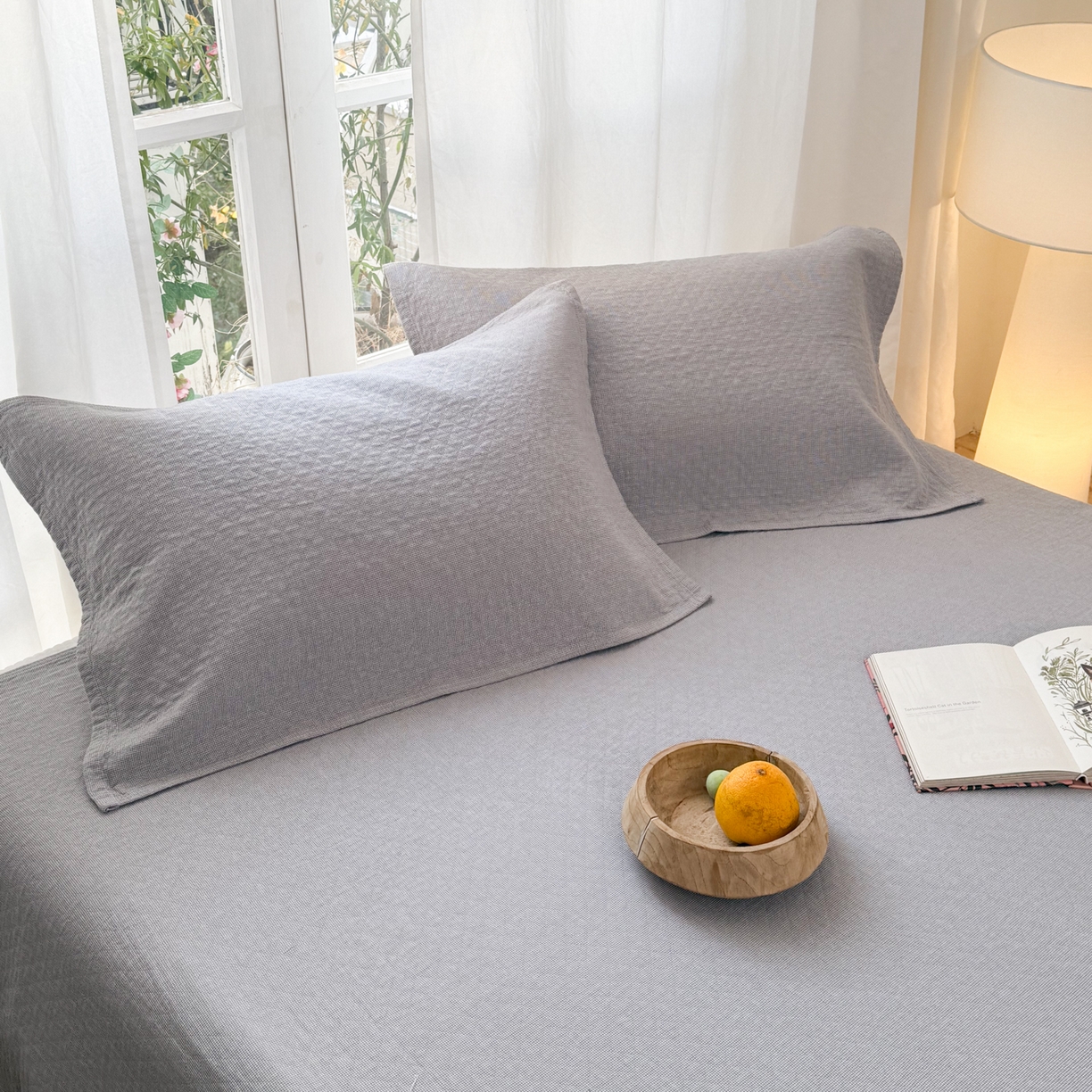 沐瑟家纺 2026新款纯棉四层纱布枕巾-素格和米格 米格-浅灰