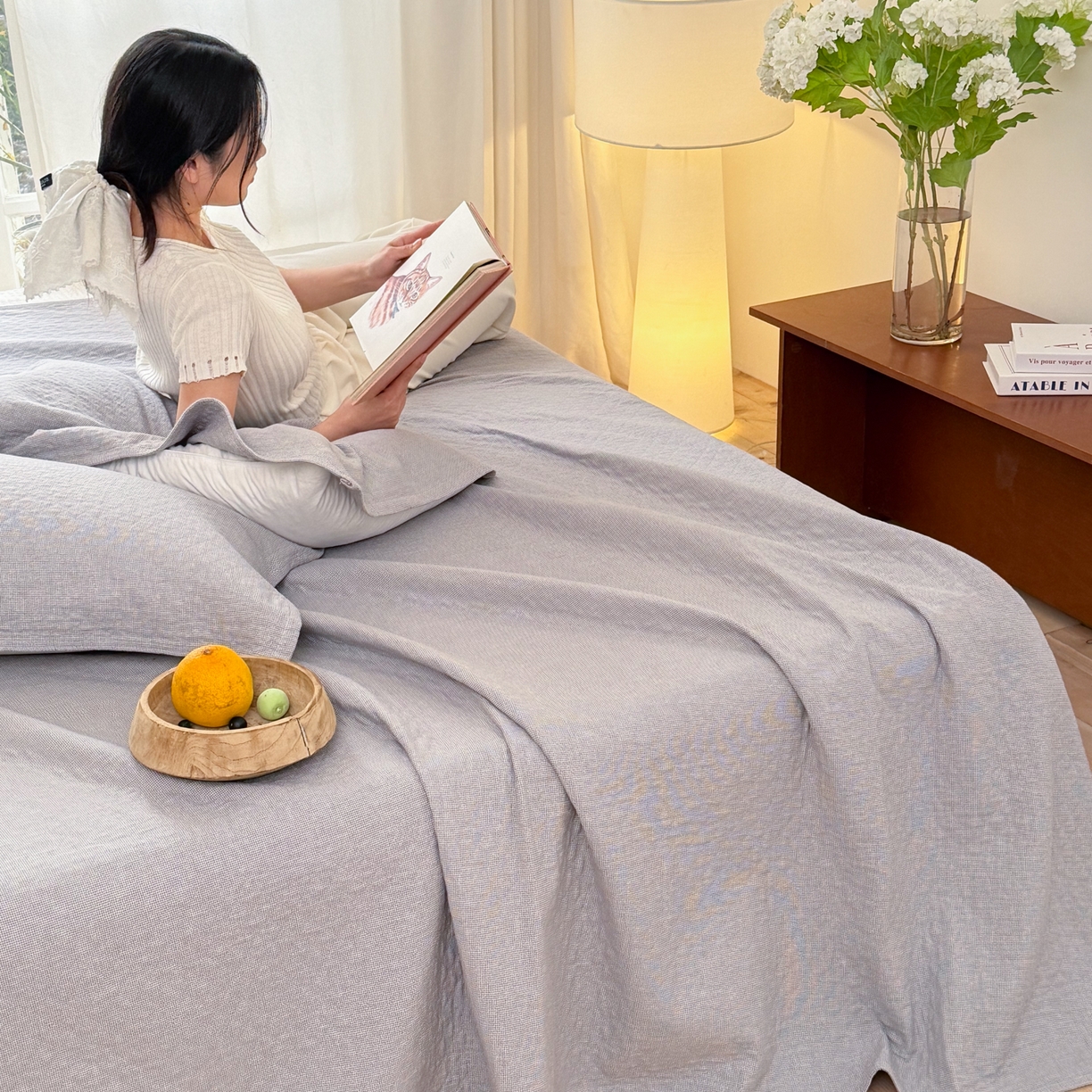 91家纺网 家纺一手货源 找家纺 沐瑟家纺 2026新款纯棉四层纱布枕巾-素格和米格 米格-浅灰