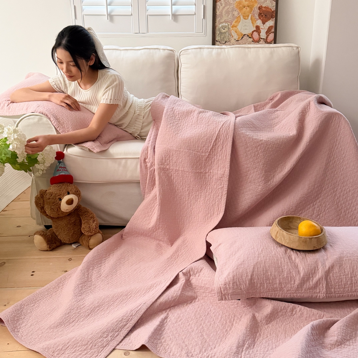 91家纺网 家纺一手货源 找家纺 沐瑟家纺 2026新款纯棉四层纱布枕巾-素格和米格 米格-粉色