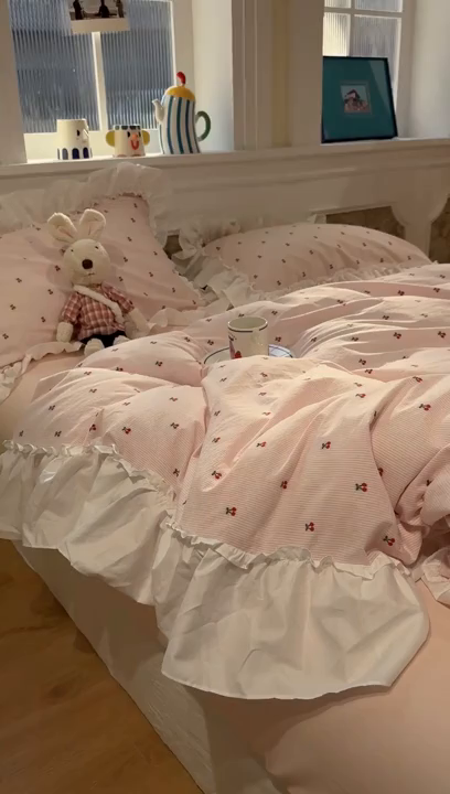 91家纺网 家纺一手货源 找家纺 觅糖家纺 2026新款全棉水洗棉色织提花四件套-樱桃甜梦（会员-5） 樱桃甜梦粉